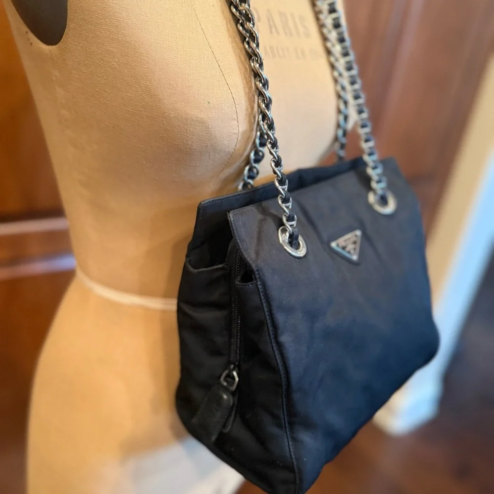 Prada Black Nylon Shoulder Bag w/ Silver and  Saffiano Black Leather Chain Strap - Picture 3 of 12